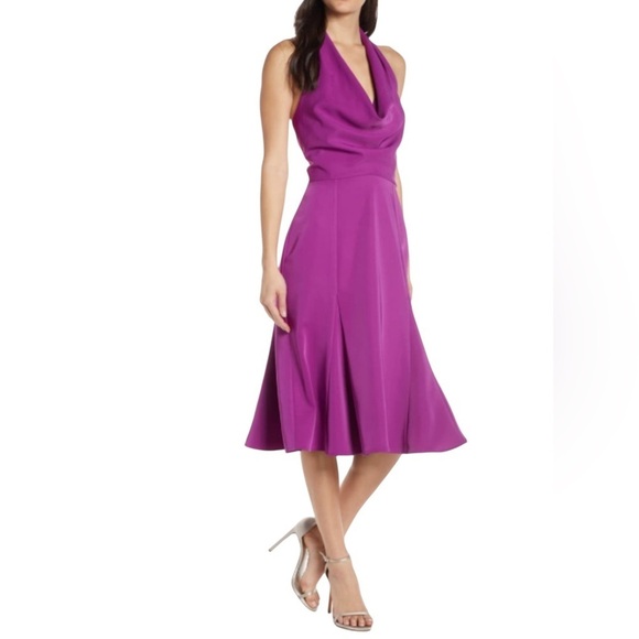 Harlyn Dresses & Skirts - Harlyn Orchid Fit and Flare Halter Dress Plunging Drape Neckline Open Back XL